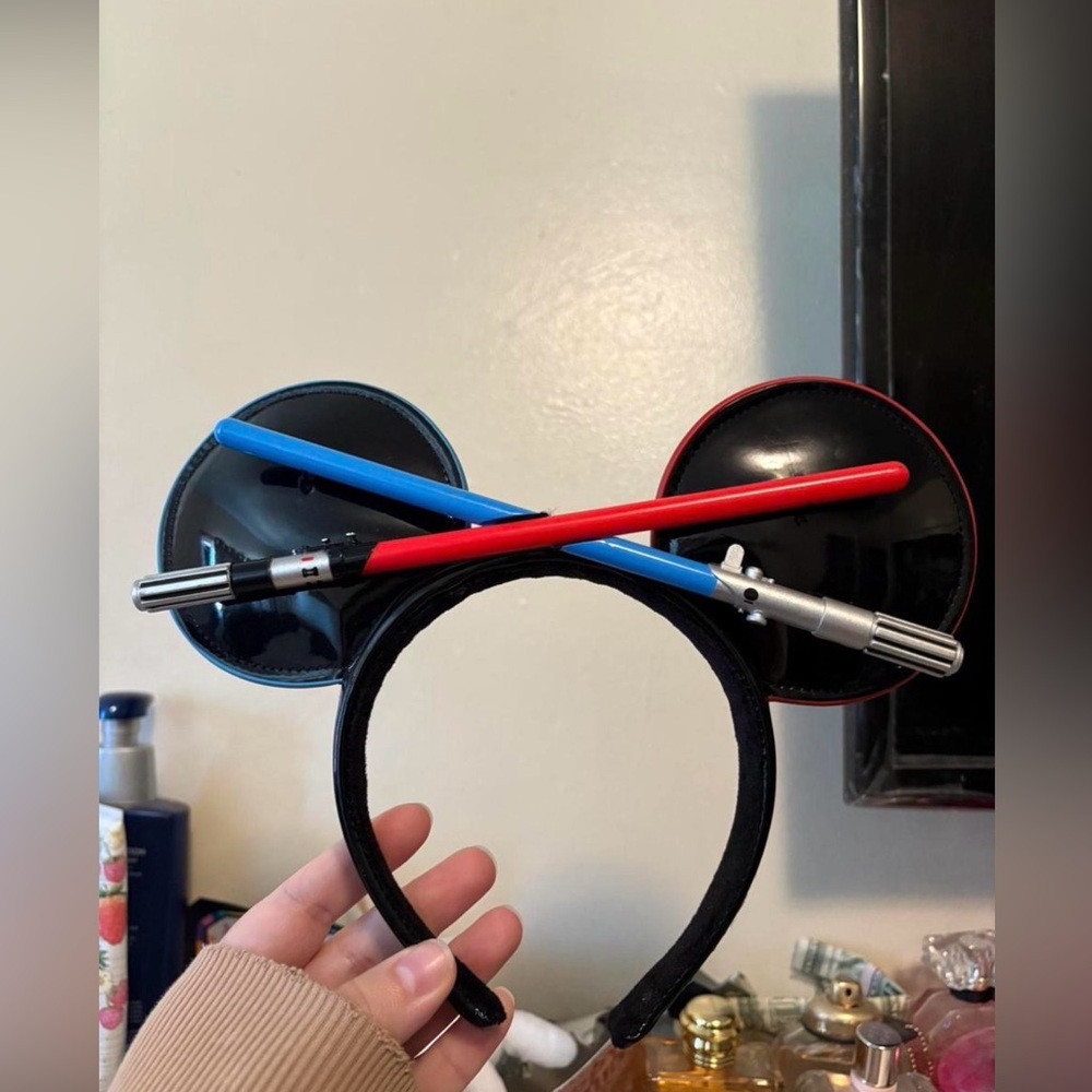 Black Mouse Ears Headband with Red and Blue Lightsaber Design